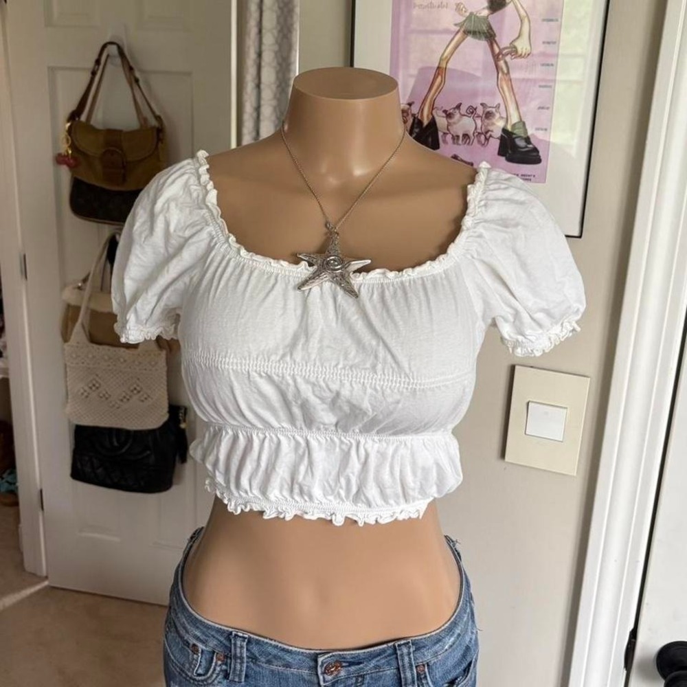 y2k 2000s gap coquette‎ white smocked puff sleeve crop top